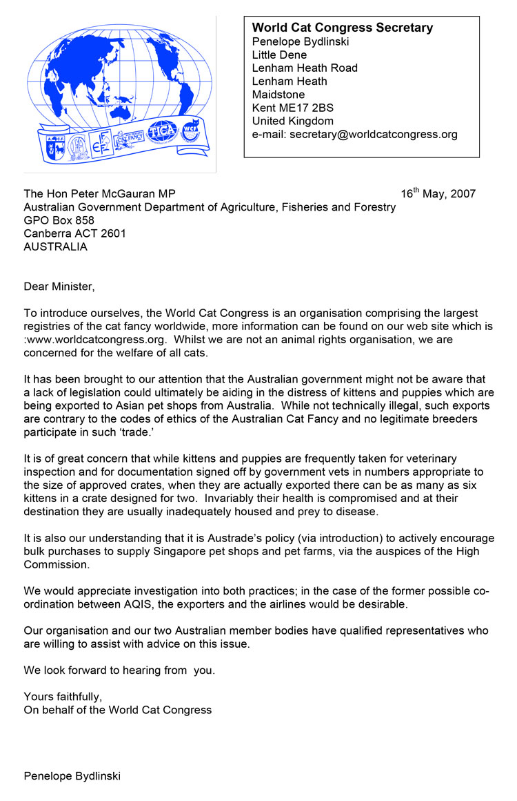 letter to the Australian Ministry regarding transport of animals to Asia